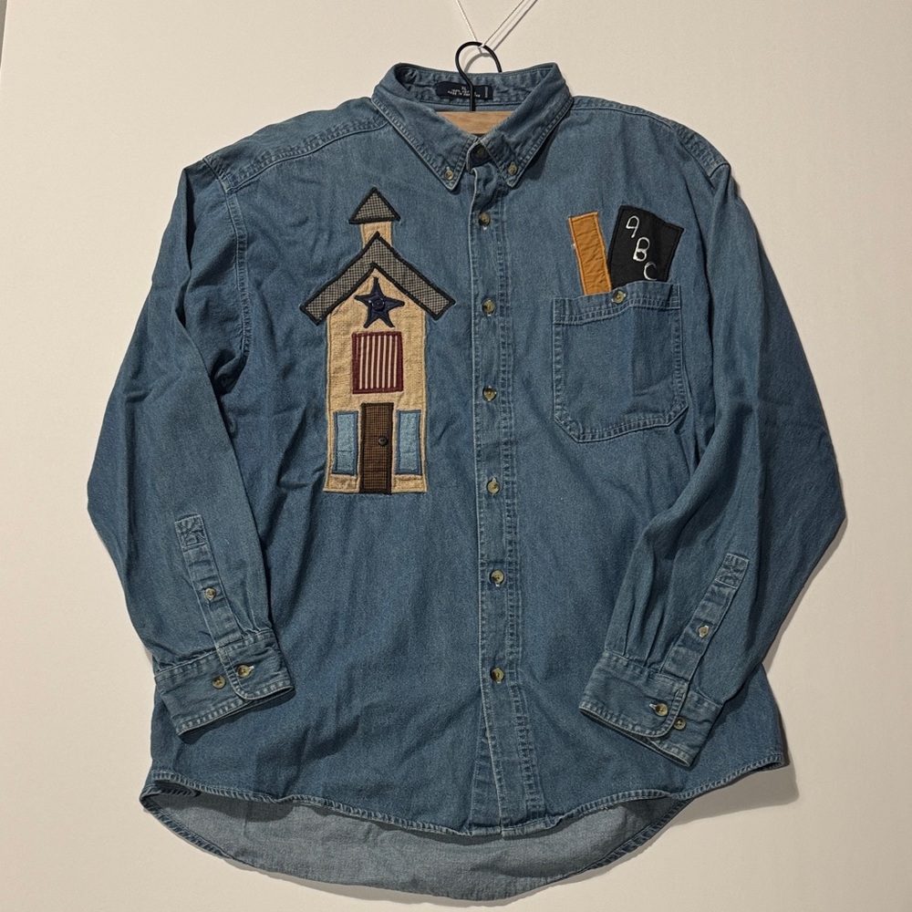 Teacher theme Luna Pier Denim Button-Up Shirt with Embroidered school art